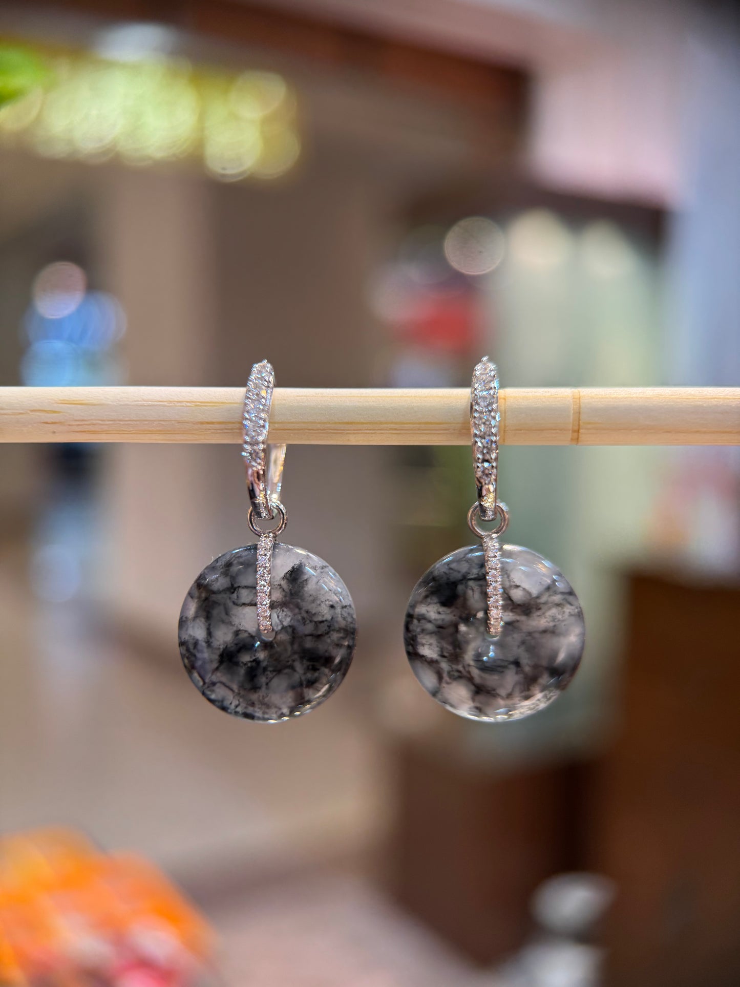 Black Jade Safety Coin Earring (E329)