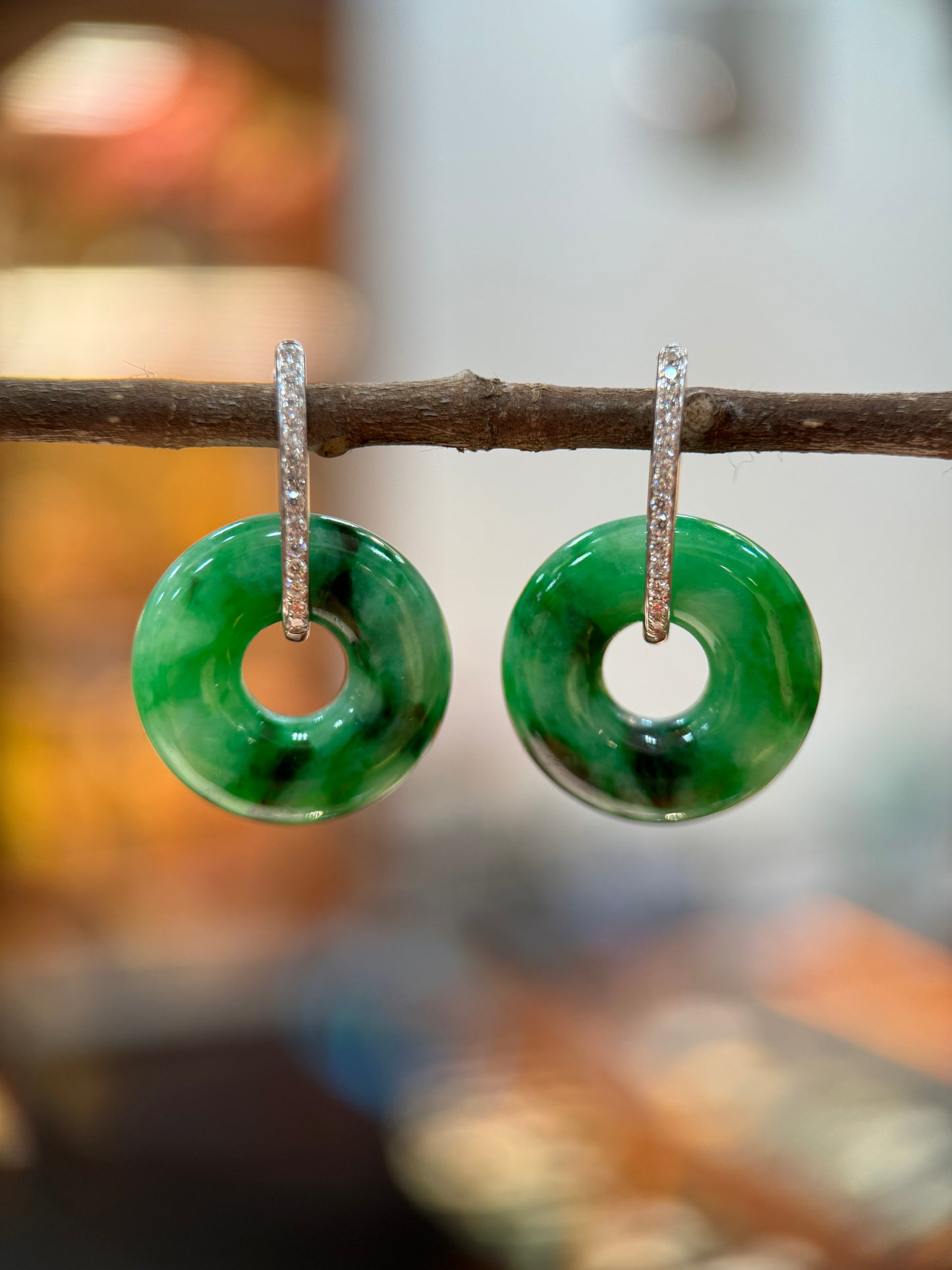 Dark Green Donut Shape Jade Earring (E308)