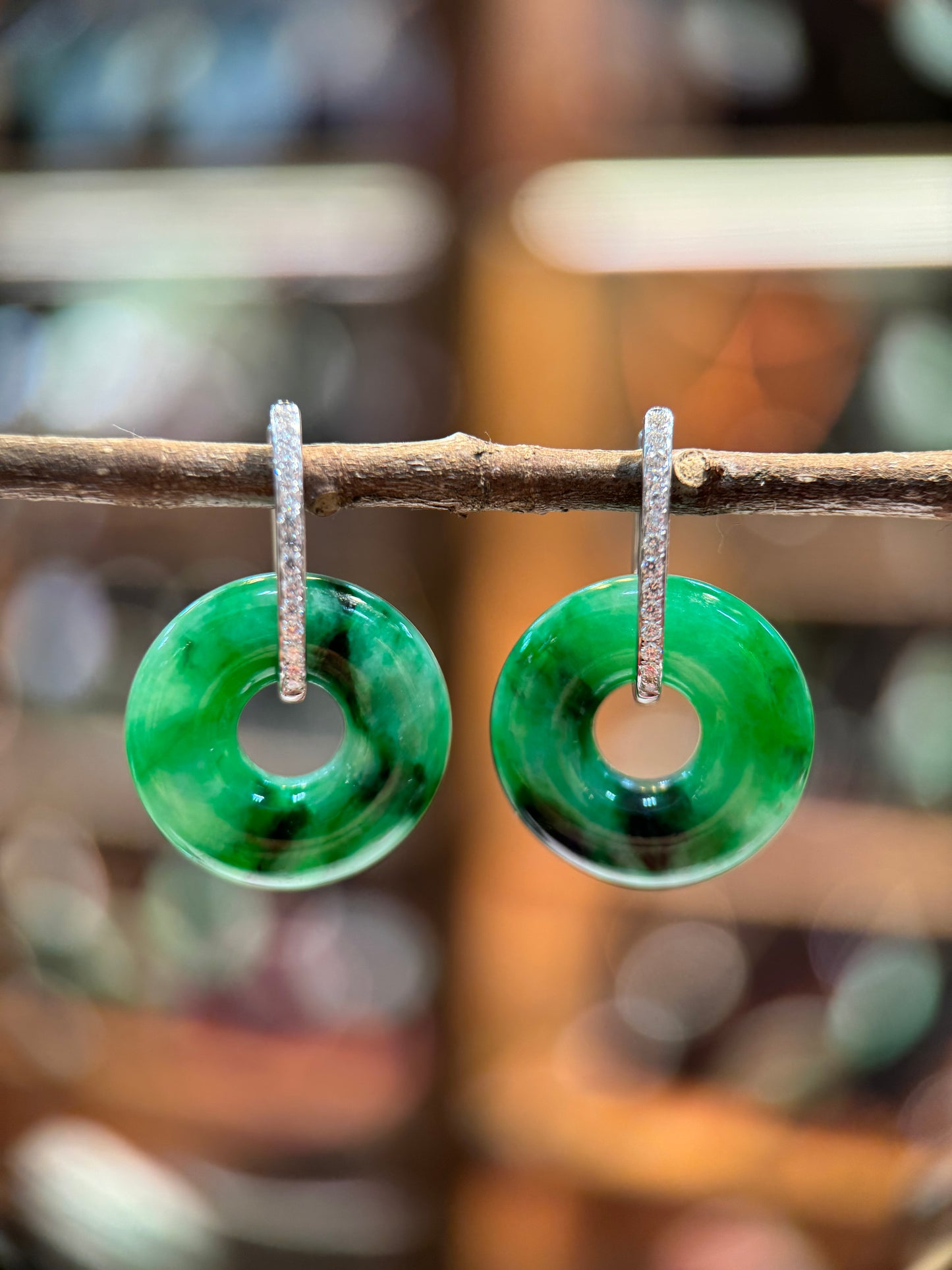Dark Green Donut Shape Jade Earring (E308)