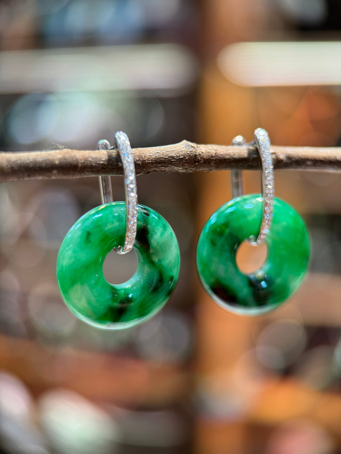 Dark Green Donut Shape Jade Earring (E308)