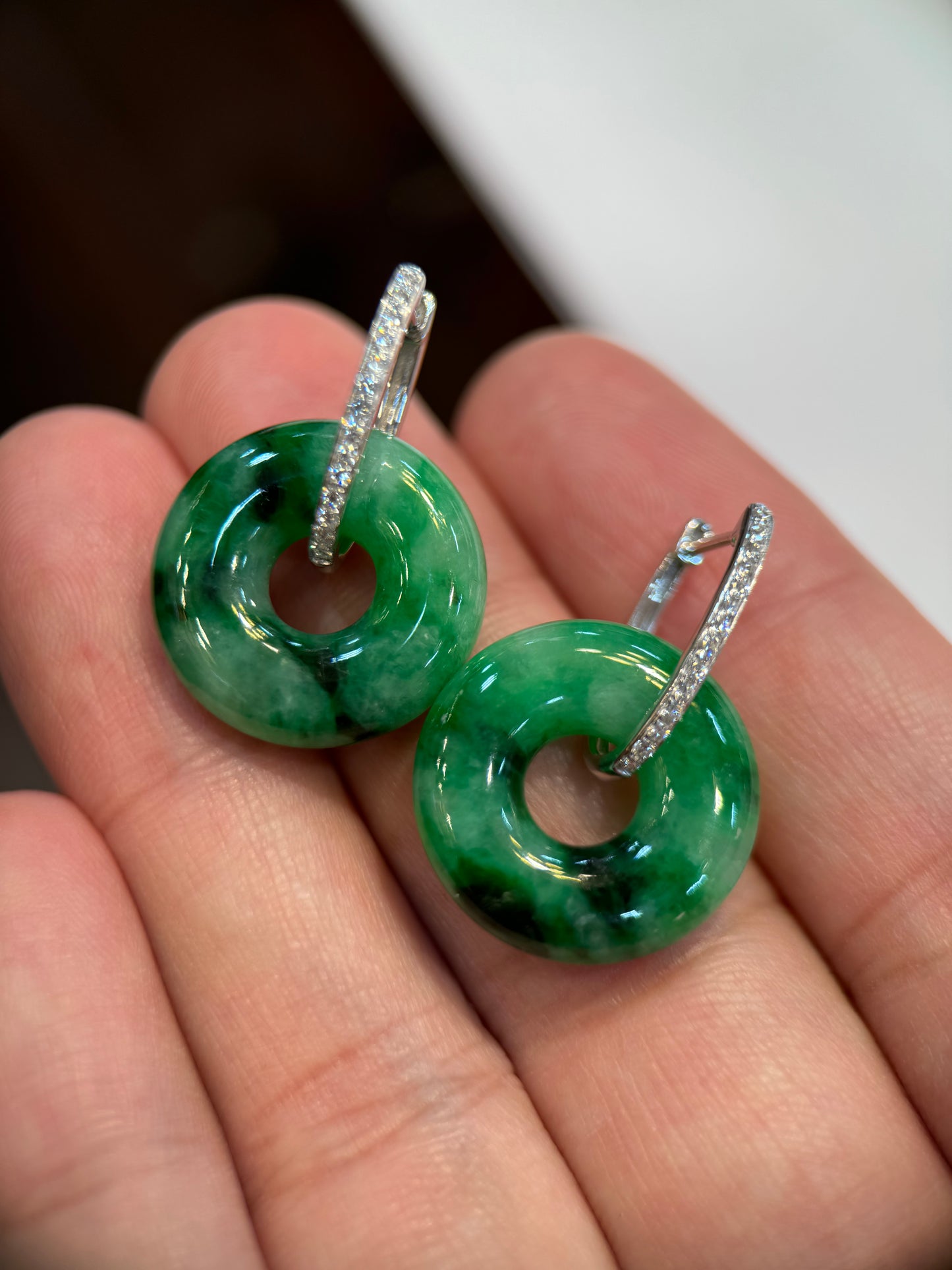 Dark Green Donut Shape Jade Earring (E308)